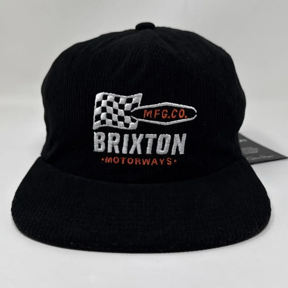 Brixton Hat Mens One Size Black Motorways MP Snapback Corduroy Racing NWT
